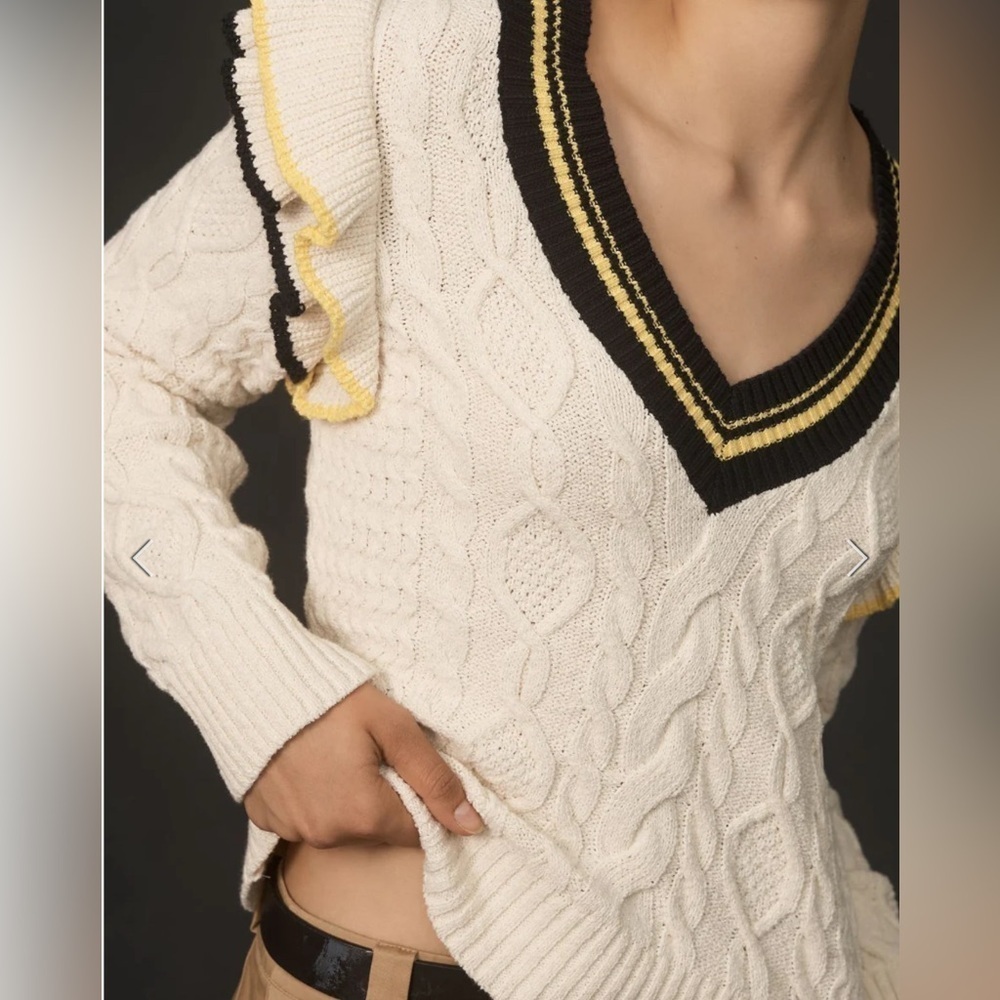 NWT Anthropologie Maeve Ruffle V-Neck Cable Sweater Size M - Picture 3 of 13